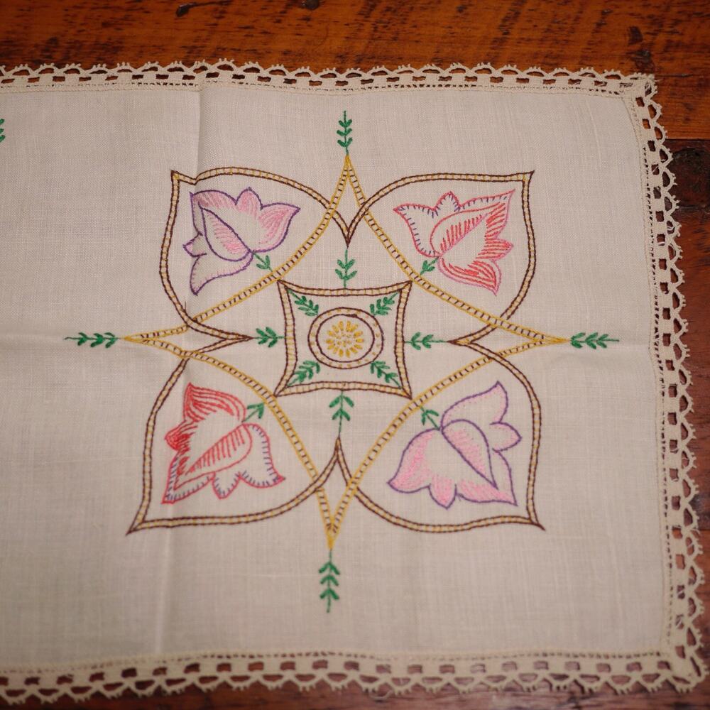 Vintage Handmade Colorful Embroidered Needlepoint Lace Linen Table Runner Topper